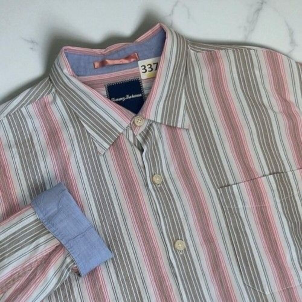 Tommy Bahama Vertical Striped Short Sleeve Hawaiian Vacation Shirt Men Size XL